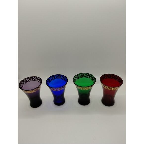 Set of 4 Pier One - Victorian 3" Gold Trim Multicolor Glass Shot Glasses - Picture 2 of 4